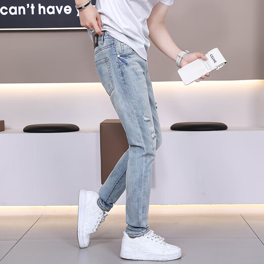 Le nouveau jean déchiré de Gezan, la marque de mode fine de la marque élastique, la couleur claire élastique des pantalons longs haut de gamme pour hommes, le bleu clair 9887 36 (2 pieds 8)