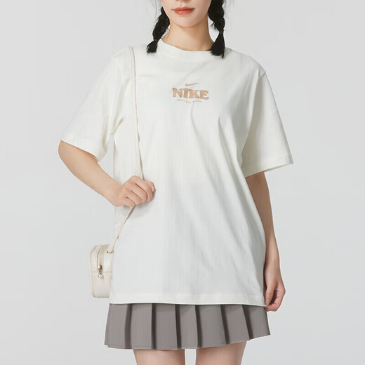 耐克（NIKE）短袖女夏季纯棉运动服时尚印花跑步健身训练舒适透气休闲短袖T恤 HF6180-133 帆白 XS