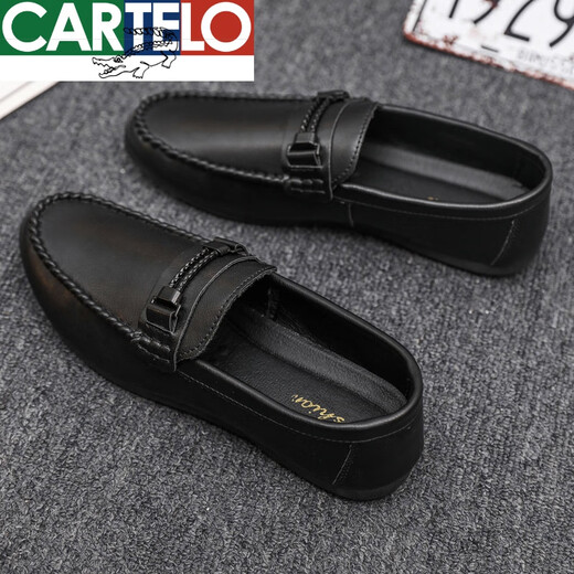 CARTELO bean shoes for men 2025 spring new genuine leather trendy shoes for men breathable one-foot-sole casual leather shoes D826 black 39