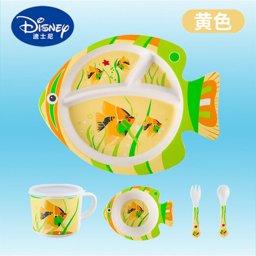 迪士尼（Disney）可爱卡通竹纤维儿童餐具网红家用分格鱼形餐盘儿童勺叉碗盘碟套装 鱼形餐盘五件套粉