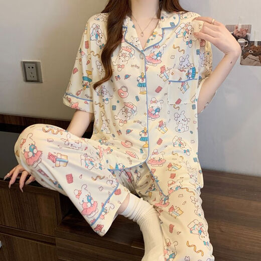琉善睡衣女夏季新款短袖长裤纯棉薄款三件套甜美可爱学生家居服可外穿 FS-14132三件套 M 【75-95】