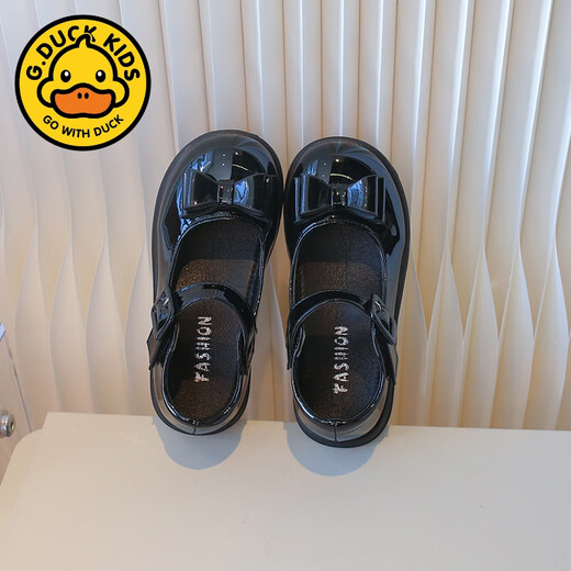 G.duck Girls British Style Leather Shoes Glossy Round Toe 2025 Spring and Autumn New College Style Children's Shoes Casual Retro Shoes Black 28