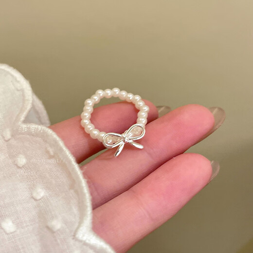 Luo Fanxin decorated S925 sterling silver bow pearl beaded ring women's ins niche index finger ring light luxury open stacking J6340