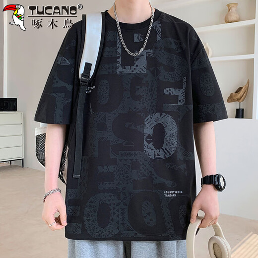 啄木鸟（TUCANO）短袖t恤男士夏季宽松透气上衣服潮流高端半袖休闲男装 黑色  XL 