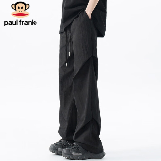 大嘴猴（paul frank）冰丝裤子男士夏季薄款休闲裤男户外阔腿男裤伞兵裤 黑色 XL