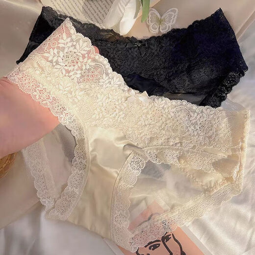 法式缎面内裤女性感蕾丝花边夏季薄款舒适透气无痕少女低腰三角裤 黑色*6195* 1条 均码 (165) （70-130斤）