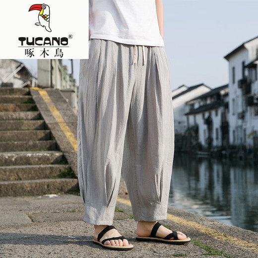 啄木鸟（TUCANO）中国风亚麻裤男夏季薄款宽松直筒棉麻休闲阔腿灯笼哈伦裤冰丝裤子 K123卡其色 L