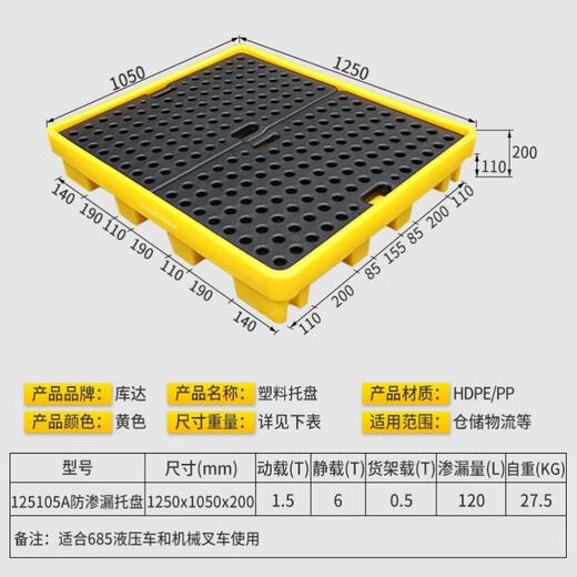 
Kuda anti-leakage pallet anti-leakage pallet oil barrel pallet single barrel two barrel four barrels anti-leakage pallet chemical 125105A anti-leakage 1250x1050x200mm