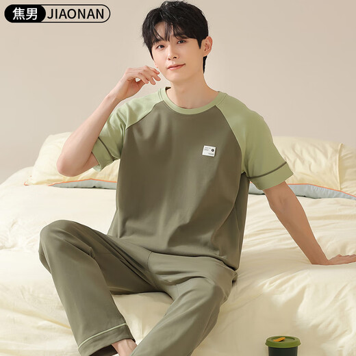 焦男男士睡衣纯棉夏季拼接色潮流简约轻奢可外穿家居服短袖长裤两件套 01N13601男 XL