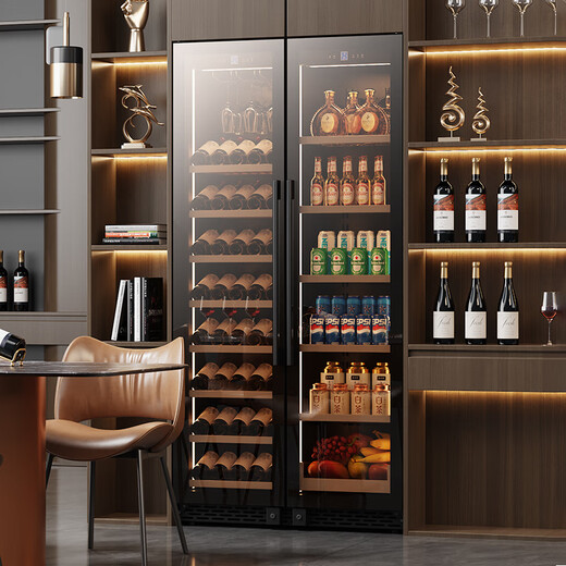 BAIKAILUN double-door thermostatic wine cabinet with double-door brown glass seamlessly embedded in large-capacity air-cooled frost-free office home tea beverage liquor wine fruit preservation refrigerator 1.8 meters | brown glass dual temperature zone | hanging cup red wine display model 210 bottles thin section