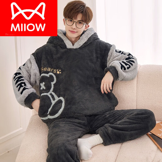 Catman (MiiOW) coral velvet pajamas for men autumn and winter style plus velvet thickened teenagers big children large size winter home clothing set XQ 9921 Roaring Bear XL Yes x men's style (suitable for height of about 175cm