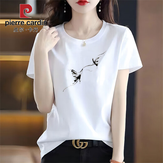 Pier Cardin pure cotton Chinese style white T-shirt for women, short sleeves loose simple and versatile ink printing summer 2025 new top trend 6193 leather powder short sleeve M (recommended 80-105 Jin [Jin equals 0.5 kg])