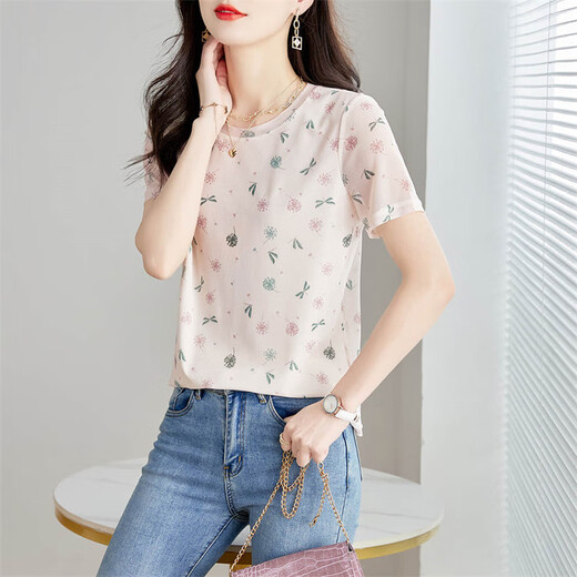 Shangjing T-shirt à manches courtes pour les femmes en été des vêtements pour femmes de nouveau style, style mature léger, t-shirt imprimé de cou de cou rond romantique pour femmes