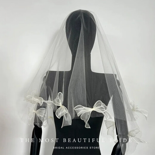
Zi Jiafu French bow personality veil bride wedding headdress new style atmosphere proposal marriage certificate photo headdress shell beige bow veil - about 1.2 meters 100cm-135cm