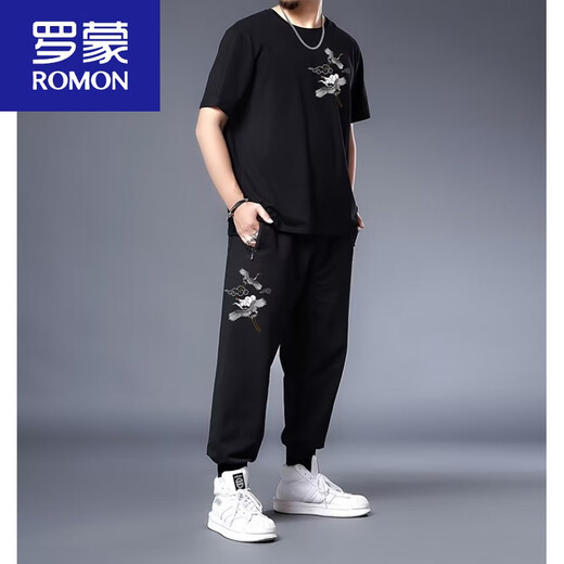 罗蒙（ROMON）夏季中国风男冰丝速干套装男胖子加肥大码男休闲运动短袖肥佬T恤 黑色9922套装 5XL 200-225斤