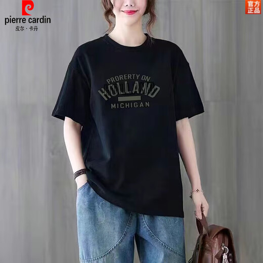 Pierre cardin cotton short-sleeved T-shirt for women 2025 new summer large size loose slimming medium-length versatile printed top 983# white cotton 2XL recommended 155-175Jin [Jin equals 0.5 kg]