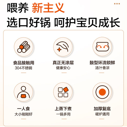 Supor thickened 304 stainless steel milk pot small baby food supplement pot baby uncoated milk pot induction cooker gas universal upgraded thickened bottom milk pot 18cm