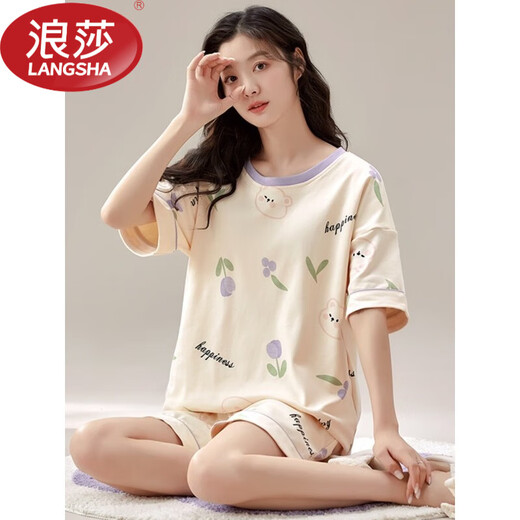 浪莎（LangSha）夏季短袖睡衣女士自带胸垫一体套装纯棉薄款大码可外穿家居服 GXT1047 M码(建议7595斤
