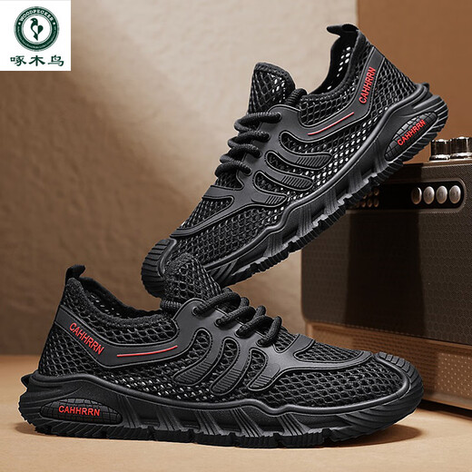 Specht Sneakers Herren Sommer atmungsaktives Netz dünne hohle Mesh Schuhe für Männer Arbeit Leicht nicht rutsch Schwarz Arbeitesschutz Schuhe L-882 Schwarz 39