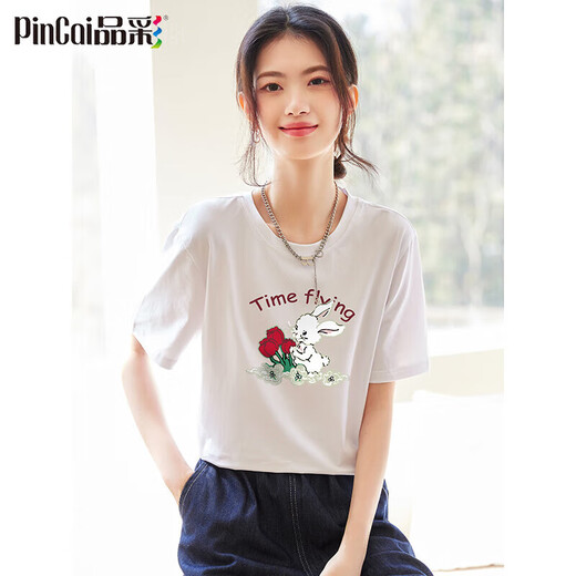 品彩（PinCai）短袖t恤女夏兔子玫瑰印花上衣圆领时尚休闲打底衫 P143T1517