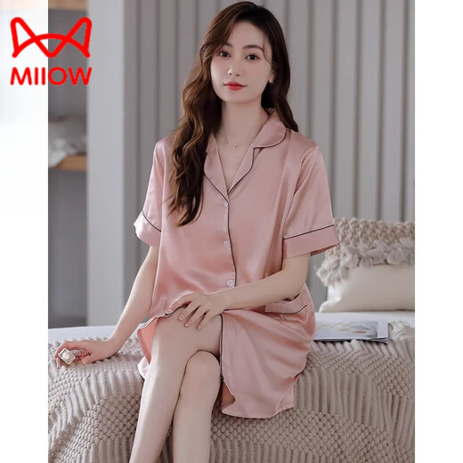 猫人（MiiOW）睡裙女夏季冰蚕丝短袖薄款衬衫开衫睡衣裙子感夏天中裙 9902麦粉 M