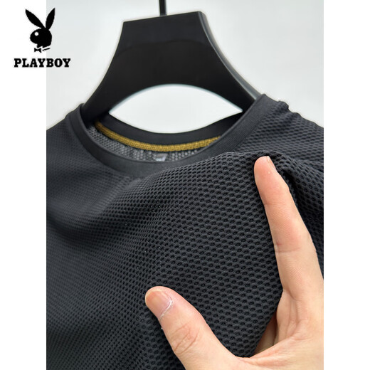 花花公子（PLAYBOY）冰丝网眼t恤男士短袖圆领夏季冰感透气吸汗速干运动修身体恤上衣 D6188深灰色 M