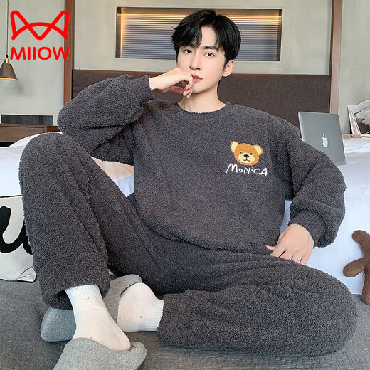 猫人（MiiOW）半边绒男士睡衣加厚加绒男款卡通珊瑚绒保暖冬季家居服套装秋冬款 WB绒6227 M [小]]建议身高155CM左右，体