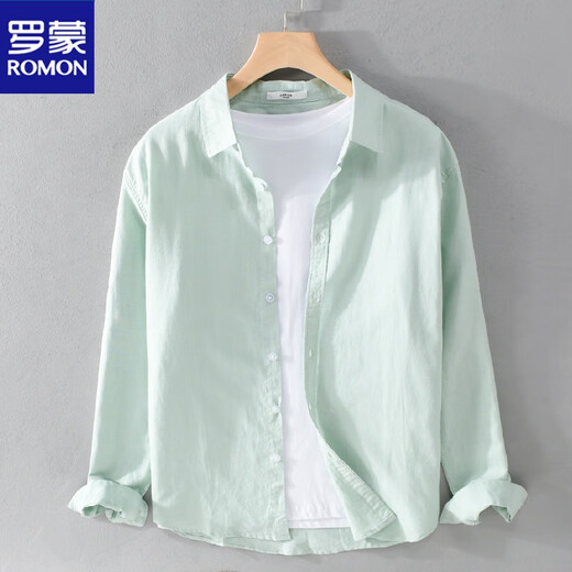 ROMON spring linen shirt men's long sleeve thin loose solid color Japanese casual and versatile youth work clothes white cotton linen shirt watermelon red [9207 stand-alone* collar] 2XL