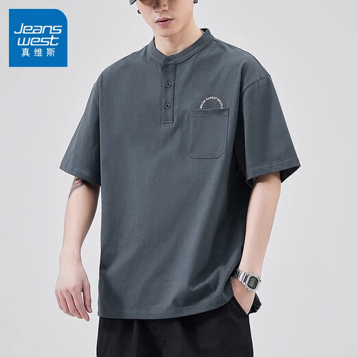 Jeanswest Jeanswest Sommer neue schwarze kurze Ärmeln T-Shirt Herren Sommer Lose Dünn American Retro Henry Collar Pure Cotton 5509 Black + 723 Weiß One Size M Empfohlen 95-115Jin [Jin entspricht 0,5 kg]