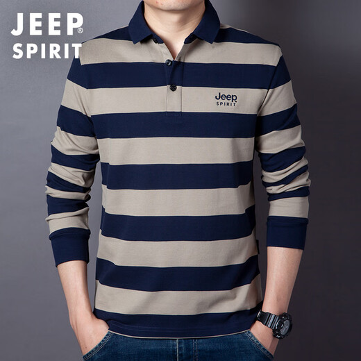 JEEP SPIRIT Jeep spring and autumn new loose business striped cotton long-sleeved T-shirt men's Polo shirt tops T-shirt men's military green L