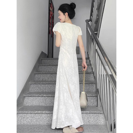Hao'e French Tea Break weißes Kleid für Frauen Jacquard 2025 Sommer kleiner und sanfter Märchenstil Langrock Aprikosenfarbe (mit Auskleidung) m