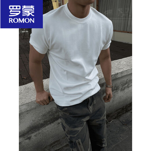 罗蒙（ROMON）黑色重磅纯棉小领口T恤男款夏季潮牌美式修身显肌肉正肩收口短袖 黑色 M (适合)100-115斤