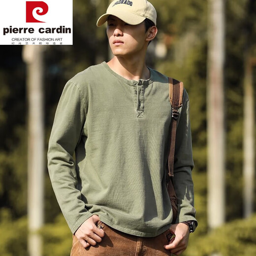 Pierre Cardin American retro distressed Henley shirt men's spring and autumn large size 300 Jin Jin equals 0.5 kg Heavy cotton American casual long-sleeved bottoming T-shirt Army green 2XL recommended 145-190 Jin Jin equals 0.5 kg