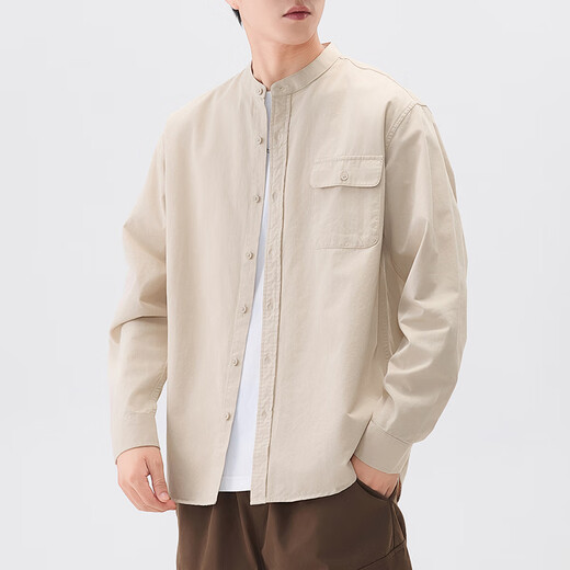 Duken heavy cotton stand-up collar shirt men's long-sleeved spring and autumn Japanese style work jacket coat Henry collar white shirt for men apricot heavy cotton/stand-up collar design M (suitable for 90-110 Jin Jin equal to 0.5 kg)