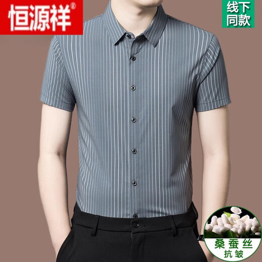 恒源祥高档男士桑蚕丝短袖衬衫2025夏季新款商务休闲薄款真丝衬衣男 深灰色【2603款】 2XL 180【建议150-165斤】