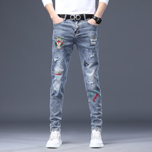
AEMAPE high-end brand ripped print jeans men 2025 new slim straight-leg small foot embroidered versatile pants men sky blue 6626 28 2.1 feet