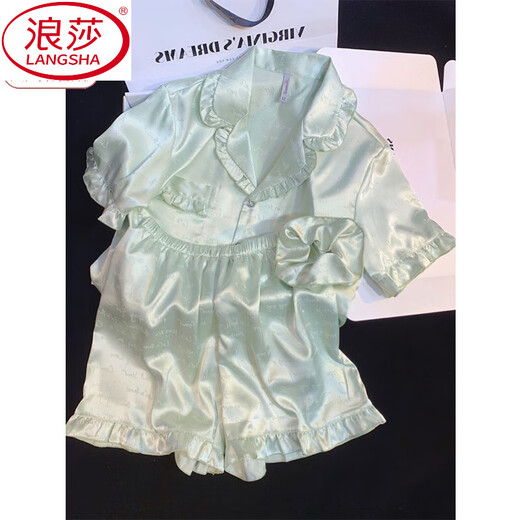 Langsha 2025 Новая пижама для женщин Лето-костюм Thin Cool Ice Silk Silk с короткими рукавами в стиле принцессы Ruffled Ruffual Home Clothing WLW-9221 [Шорты с короткими рукавами] M [Предлагается 80-100JIN [JIN равен 0,5 кг]]]