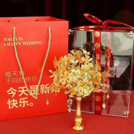 [News in summer] Bride wedding bouquet gift wedding DIY golden newlywed Xiuhe girlfriend Golden branch jade leaves (finished product + transparent and handbag)