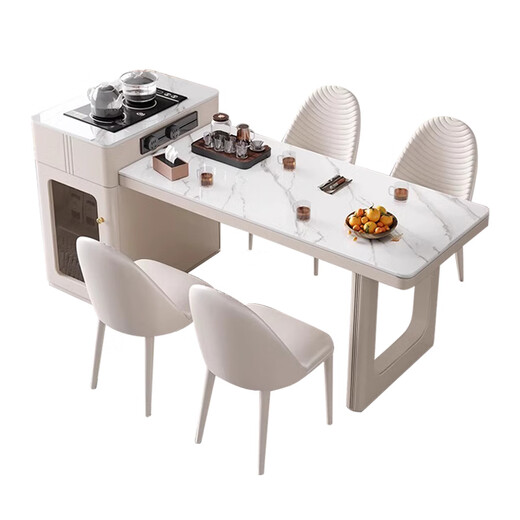 Fashidu cream-style slate island dining table integrated 2025 new popular style retractable small-sized household multi-functional tea table tea stove style rail socket island table + 6 chairs 1.4 meters total telescopic length 142-170cm