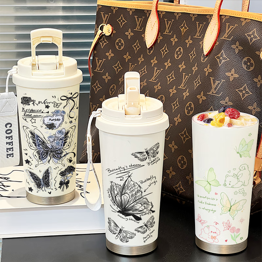 
Germany imported quality butterfly thermos cup new high-value portable straw car coffee cup large capacity water cup gift antique white-BXAB6197 dishes stainless steel