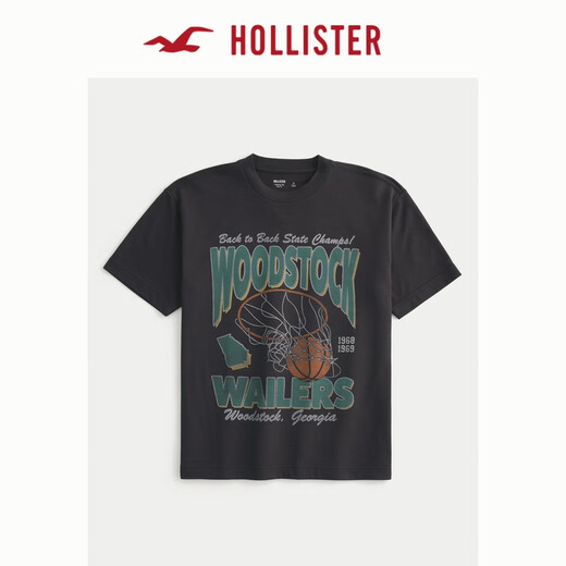 HOLLISTER【凉感印花T】25夏新款情侣宽松T恤男装女装KI323-5008 褪色黑色 S (175/92A)