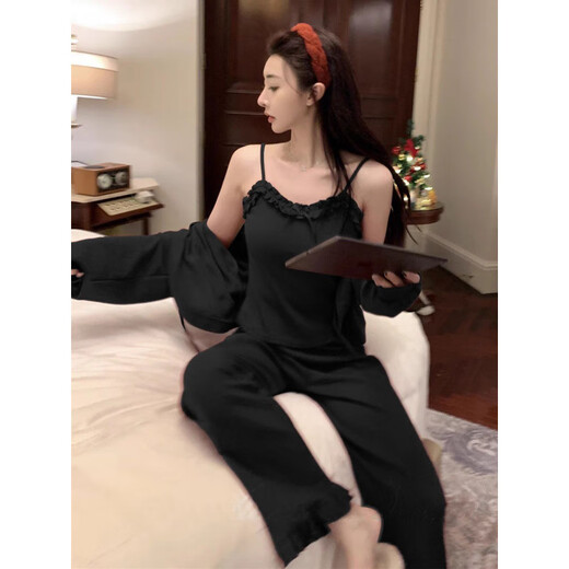 FHHUABD法式纯欲风花边性感女睡衣带胸垫三件套春秋蝴蝶结吊带开衫家居服 677斩男花边三件套【带胸垫】 M 【建议95斤内】