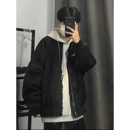 Qumile American hiphop bomber jacket for men and women in autumn and winter loose and trendy baseball uniforms high street handsome clothes jacket black L recommended 100-120Jin Jin equals 0.5 kg