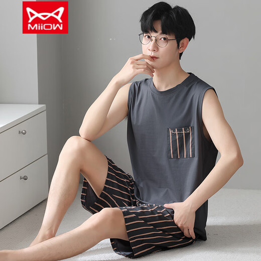 Catman (Miiow) Vest Pyjamas Herrenmodal Frühlings- und Sommer-Rund-Hals-Shorts Home-Kleidung lose und vergrößerte 12027 [Herrenanzug] l [vorgeschlagen 100-140jin [Jin entspricht 0,5 kg]]