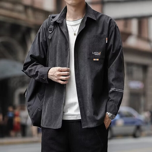 Shirt jacket men's 2025 new spring and summer style Hong Kong style trendy jacket casual loose long-sleeved jacket top 8025 black 2XL