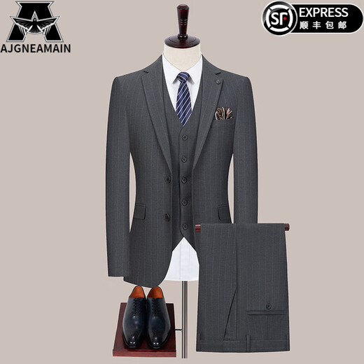 Ajgneamain Italienisch leichter Luxusanzuganzug Herren Frühling und Herbststil Solid Color Business Casual Anzug Hochzeits Bankettjacke Männer D6173-Schwarz-Streifen [zwei Tasten und doppelt geteiltes Drei-teiliger Set] L 175/92A [Empfohlen 120-140jin [Jin Equals Equals Equals]]]