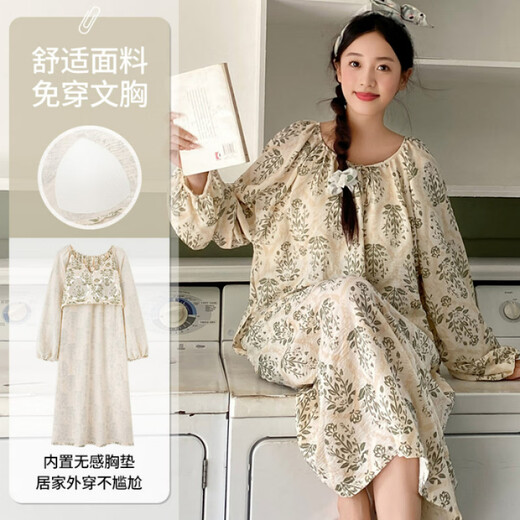 Dan Nanwei 2024 Nouveau style Sweet and Cute Cloud Cotton Coton Longue de nuit à manches longues avec coussinet de poitrine pour le printemps et l'automne Long Jupe à la maison tir-out des vêtements 13063 M 160