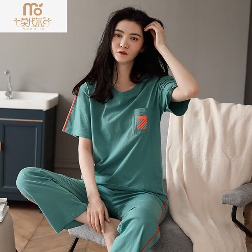 Pajama modal para mujeres en verano algodón puro manga corta delgada 2025 El nuevo algodón informal de verano se puede usar fuera de los pantalones ropa para el hogar 7374 frijoles verde XL [120140Jin [Jin iguala 0.5 kg]]]
