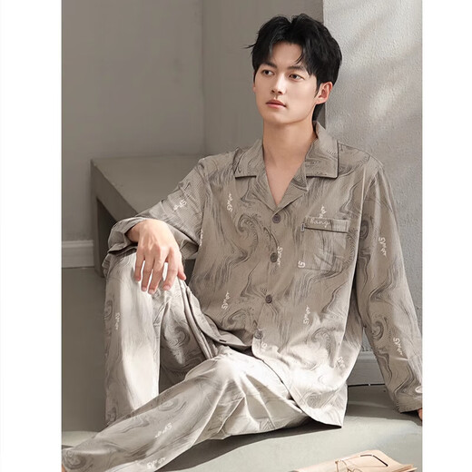 HWHE Light Luxury Brand Herren-Langarmpyjamas 2025 Frühling und Herbst neuer lässiger dünner Stil für externe Kleidung mit großer Größe von Home Clothing Set 13063 Bildfarbe M 90-110Jin [Jin entspricht 0,5 kg]