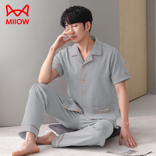 Catman (MiiOW) Fatty Men's Pajamas Short Sleeve Summer 330 Jin [Jin equals 0.5 kg] Add fat and loose size 300 Jin [Jin equals 0.5 kg] Cotton home clothing men HDE12004 black 6XL